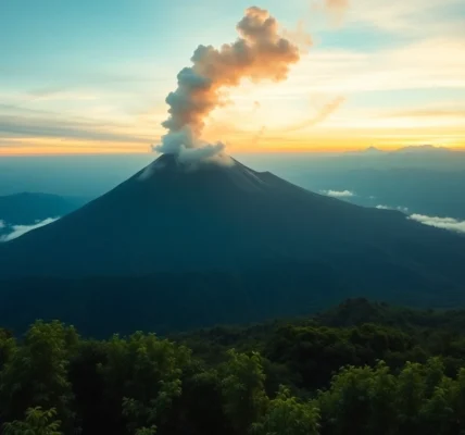 Climber standing at the summit of Mount Rinjani, overlooking the crater lake with volcanic activity, showcasing the mountain's iconic volcanic features and rugged terrain.