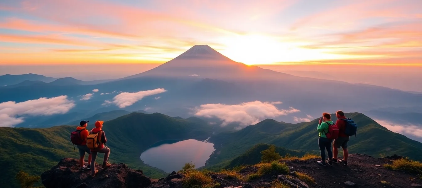 Hikers overlooking Mount Rinjani's crater at sunrise with lush greenery and a colorful sky.
