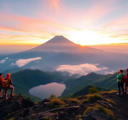 Hikers overlooking Mount Rinjani's crater at sunrise with lush greenery and a colorful sky.