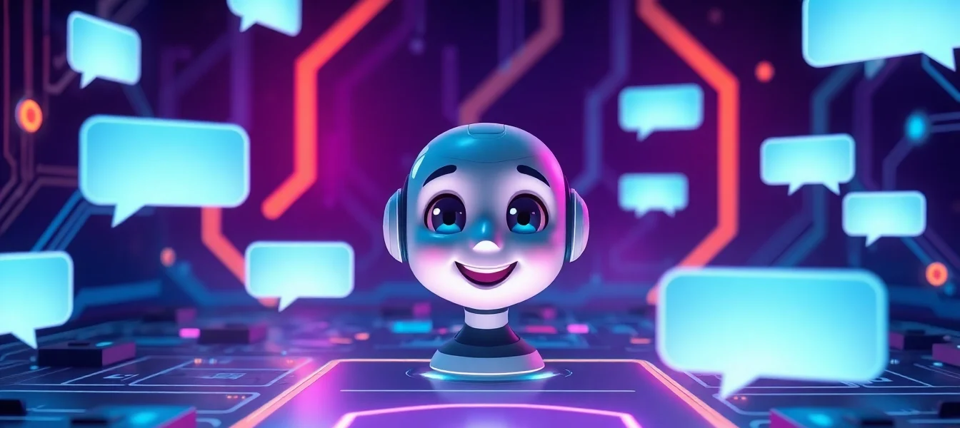 An animated AI character smiling in a neon-lit digital environment with chat bubbles and futuristic interface elements.
