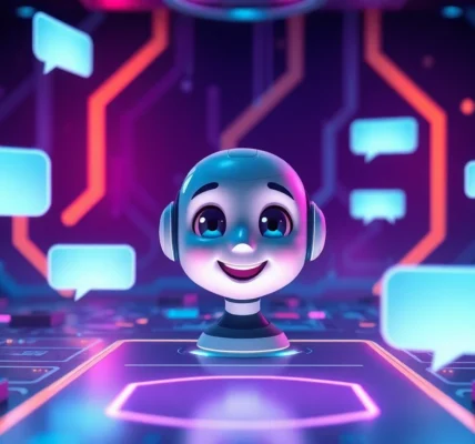 An animated AI character smiling in a neon-lit digital environment with chat bubbles and futuristic interface elements.