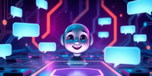 An animated AI character smiling in a neon-lit digital environment with chat bubbles and futuristic interface elements.