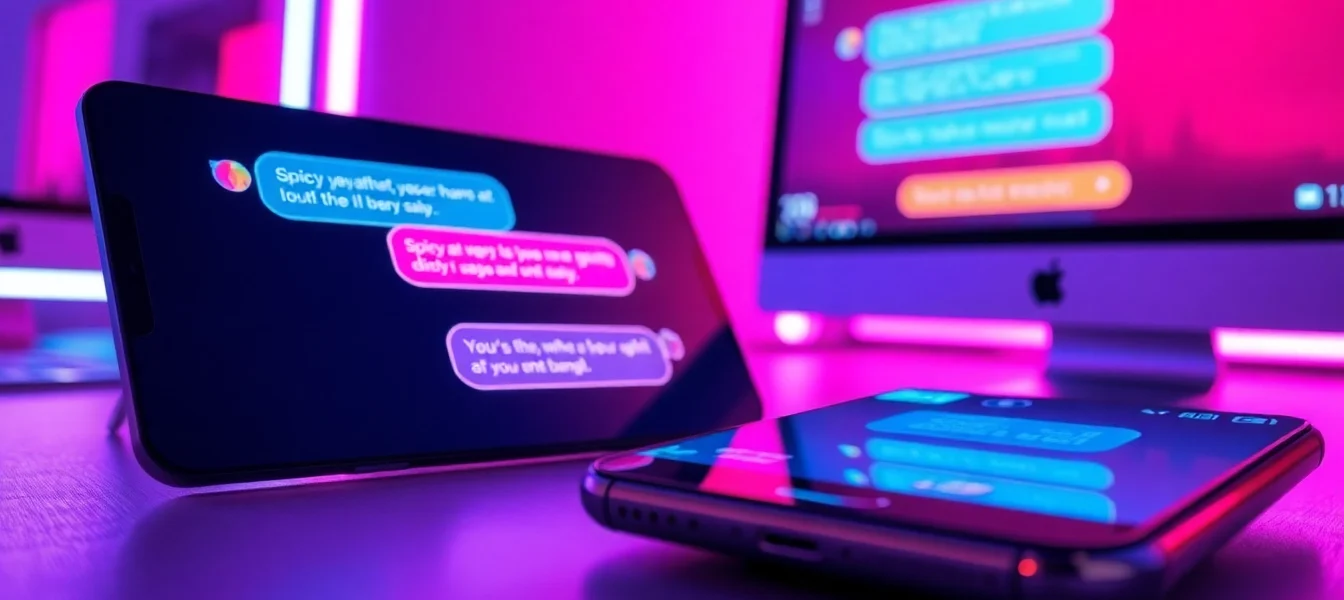An illustration of a modern digital chat setup with vibrant text bubbles representing spicy AI conversations on screens illuminated by neon lighting.