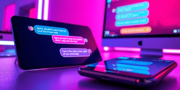 An illustration of a modern digital chat setup with vibrant text bubbles representing spicy AI conversations on screens illuminated by neon lighting.