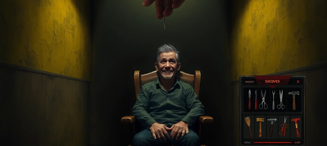 A disturbing scene of Harvey in a dark room with a threatening shop interface, highlighting the moral dilemma and unsettling atmosphere.