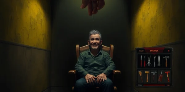 A disturbing scene of Harvey in a dark room with a threatening shop interface, highlighting the moral dilemma and unsettling atmosphere.