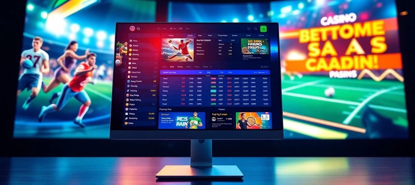Digital illustration of an online sports betting platform with live sports streams and vibrant neon accents.
