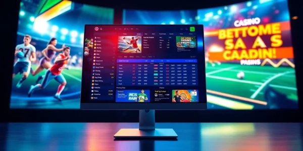 Digital illustration of an online sports betting platform with live sports streams and vibrant neon accents.