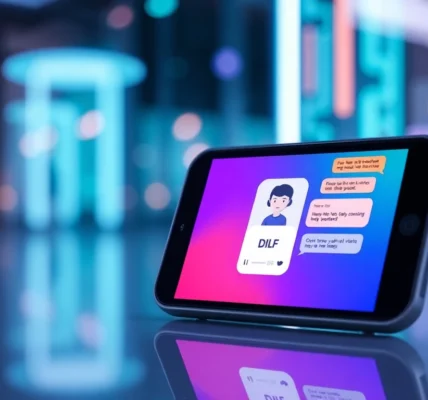 Close-up of a digital chat interface with a friendly AI character on a modern device screen, glowing accents and inviting conversation bubbles.