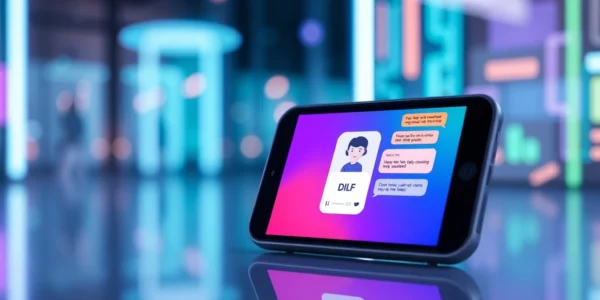 Close-up of a digital chat interface with a friendly AI character on a modern device screen, glowing accents and inviting conversation bubbles.