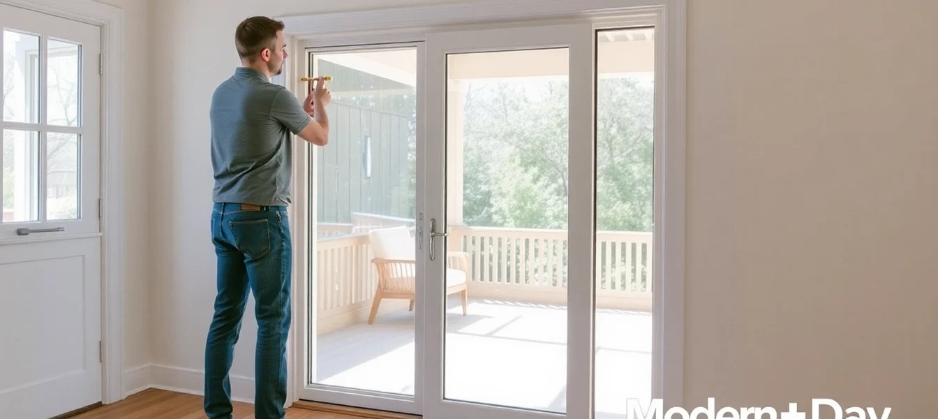 Professional installer guides you to replace a sliding glass door in a sunlit entry.