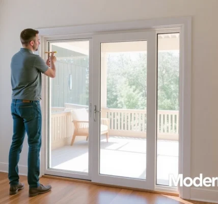 Professional installer guides you to replace a sliding glass door in a sunlit entry.