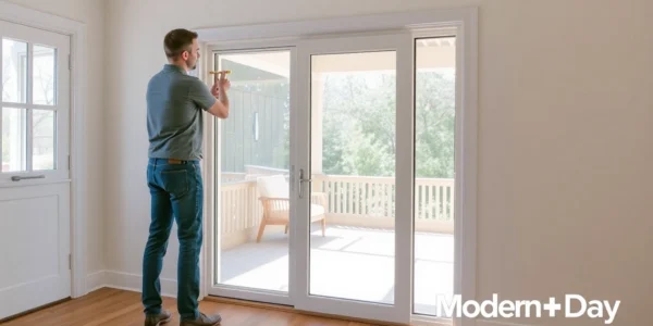 Professional installer guides you to replace a sliding glass door in a sunlit entry.