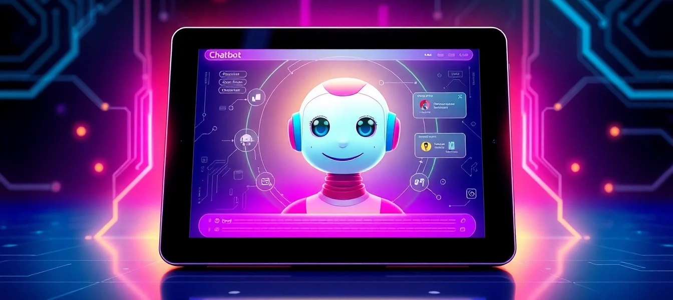 Futuristic AI chatbot interface on a tablet with a colorful digital character and neon-lit background.