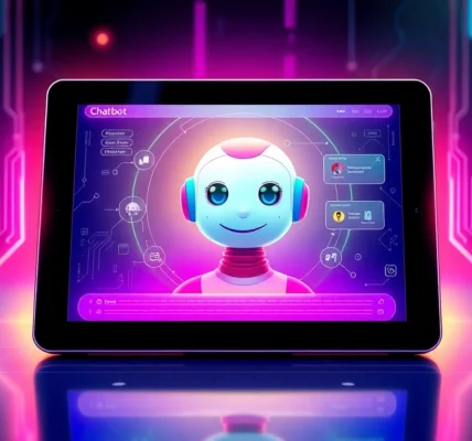 Futuristic AI chatbot interface on a tablet with a colorful digital character and neon-lit background.