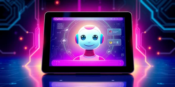 Futuristic AI chatbot interface on a tablet with a colorful digital character and neon-lit background.