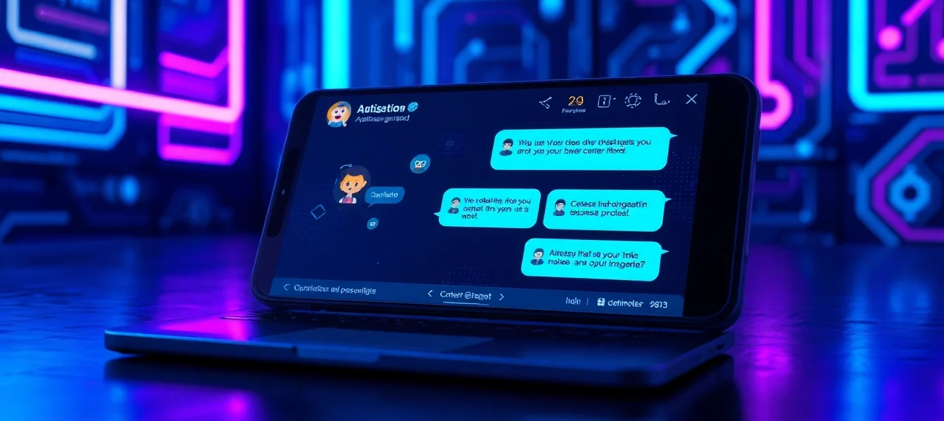 Futuristic chatbot interface with animated AI characters on a modern device screen in a neon-lit cyberpunk environment.