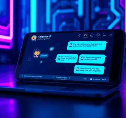 Futuristic chatbot interface with animated AI characters on a modern device screen in a neon-lit cyberpunk environment.