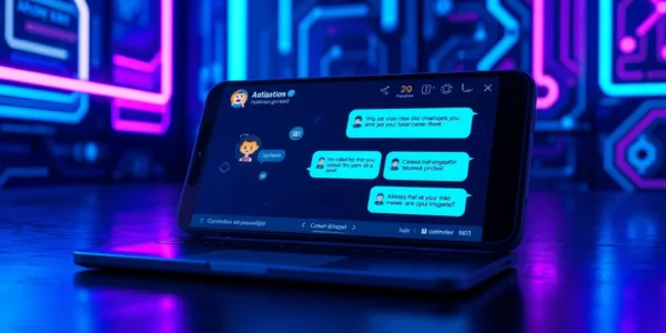 Futuristic chatbot interface with animated AI characters on a modern device screen in a neon-lit cyberpunk environment.