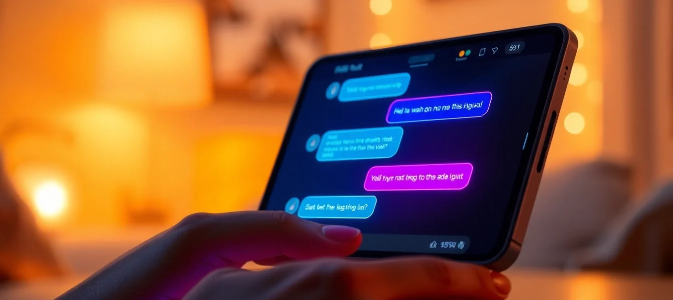 A futuristic AI chat interface on a mobile device with colorful neon chat bubbles in a cozy dimly lit room.