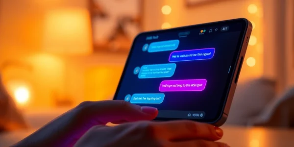 A futuristic AI chat interface on a mobile device with colorful neon chat bubbles in a cozy dimly lit room.