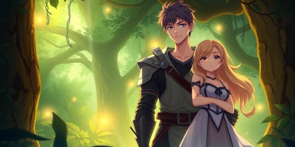 Digital illustration of a mystical forest scene featuring an Alpha and Omega character in fantasy attire, highlighting themes of hierarchy and connection in Omegaverse.