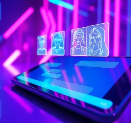 Futuristic digital chat interface with holographic AI characters on a sleek device, glowing neon lights and high-tech environment.