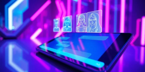 Futuristic digital chat interface with holographic AI characters on a sleek device, glowing neon lights and high-tech environment.