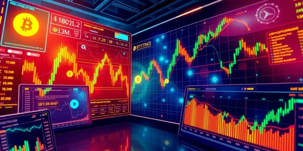 Cryptocurrency Trading News updates featuring trading screens and digital charts for informed