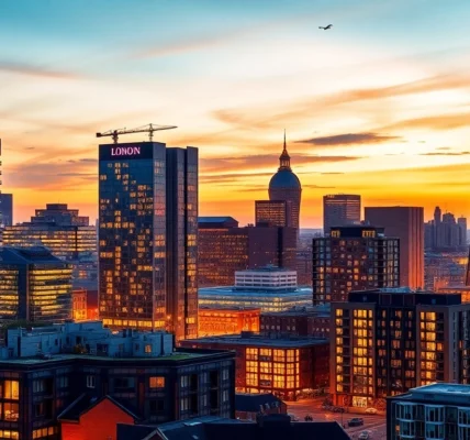 The London Property Market visual with iconic skyscrapers and bustling street scenes capturing