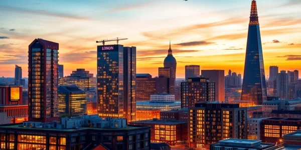 The London Property Market visual with iconic skyscrapers and bustling street scenes capturing