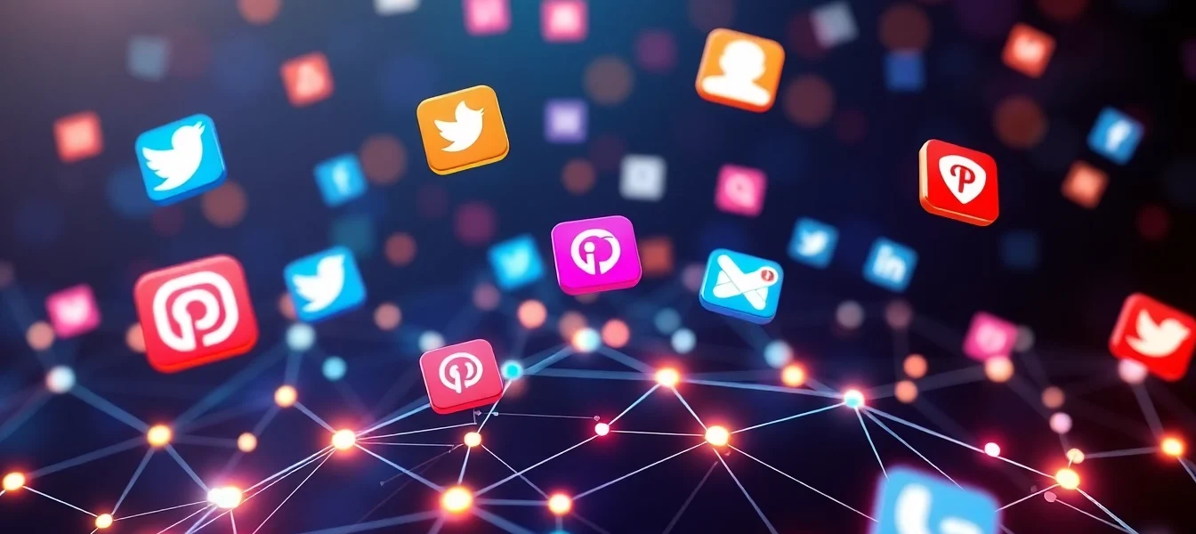Visual showing latest social network updates with icons and digital connectivity emphasizing