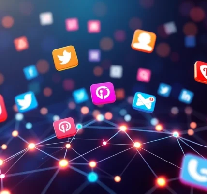 Visual showing latest social network updates with icons and digital connectivity emphasizing